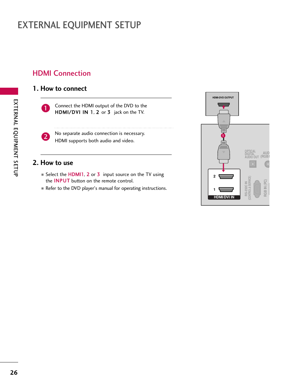 External equipment setup, Hdmi connection, How to connect 2. how to use | LG 50PK550C User Manual | Page 26 / 120