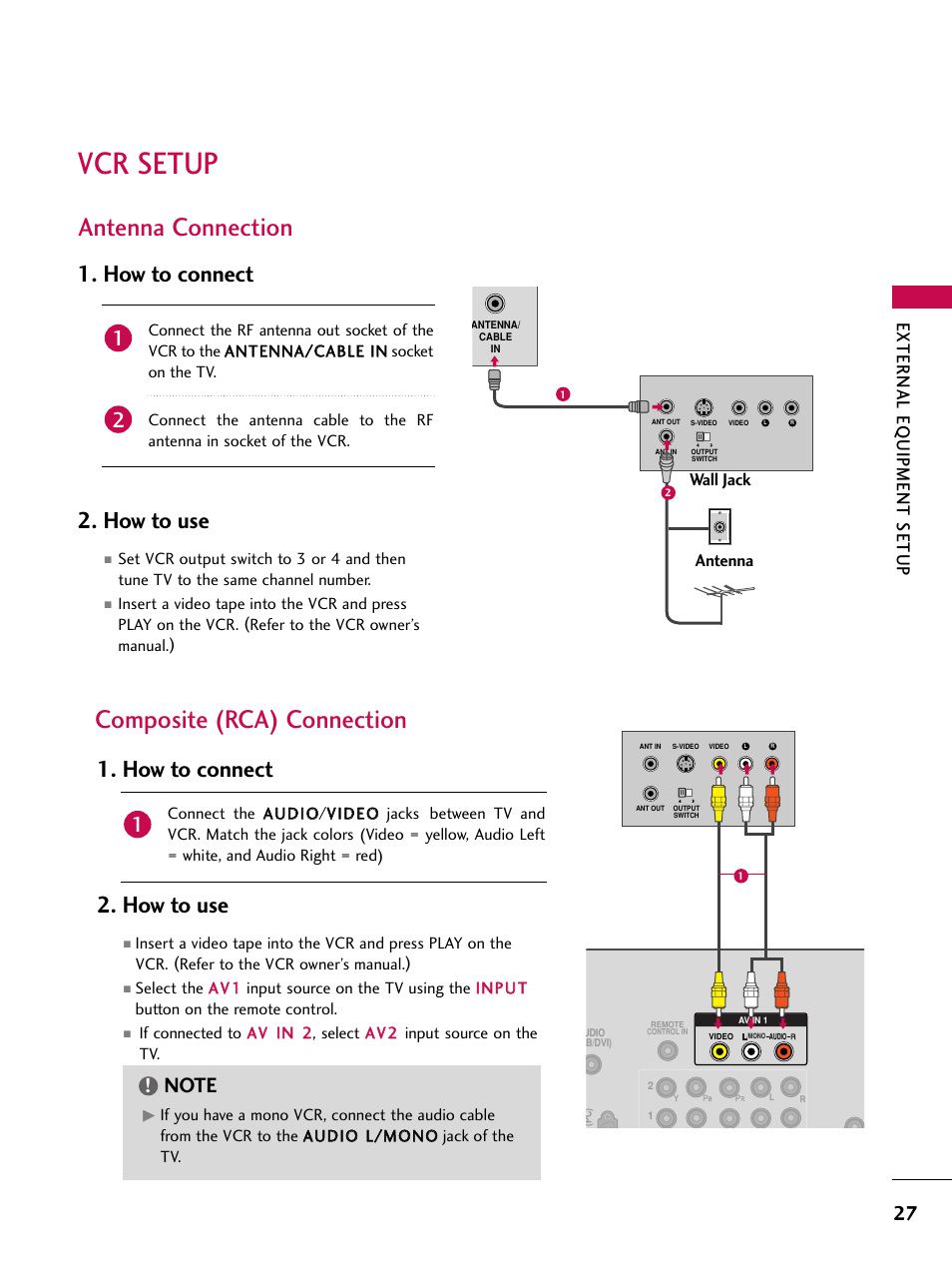 Vcr setup, Antenna connection, Composite (rca) connection | How to connect 2. how to use, External eq uipment setup | LG 50PK550C User Manual | Page 27 / 120