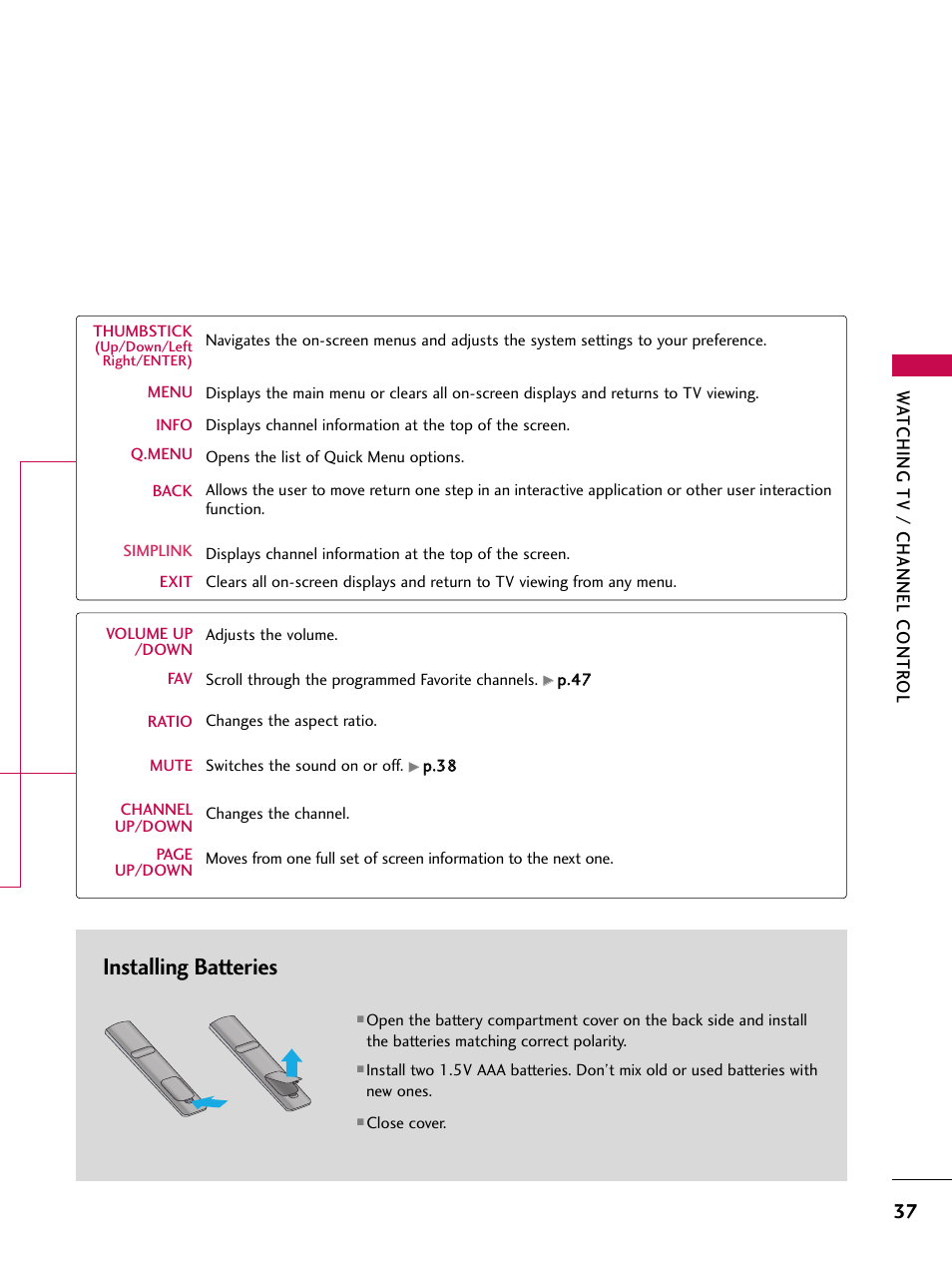 Installing batteries | LG 50PK550C User Manual | Page 37 / 120