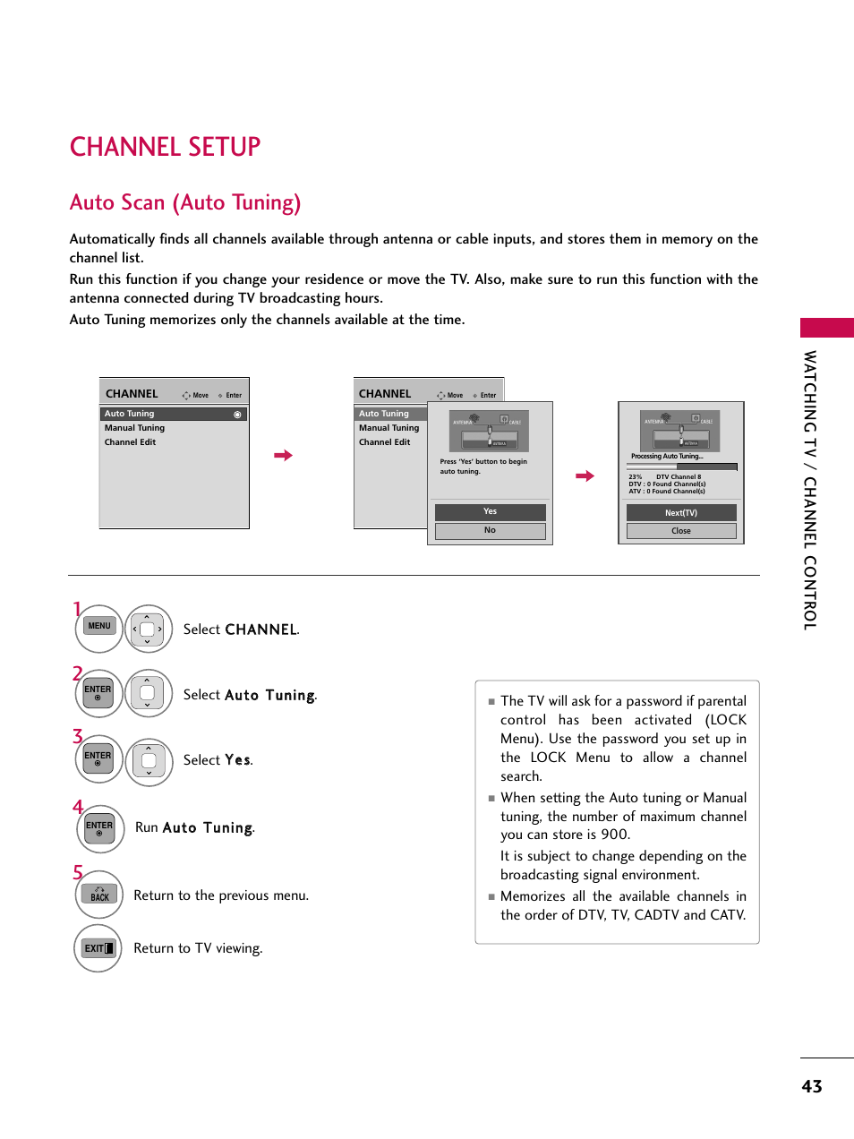 Channel setup, Auto scan (auto tuning), Wa tching tv / channel contr ol | LG 50PK550C User Manual | Page 43 / 120