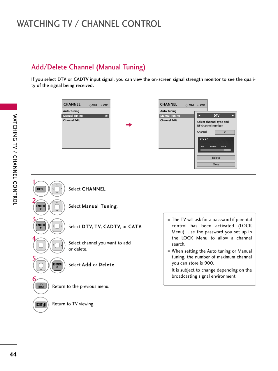 Watching tv / channel control, Add/delete channel (manual tuning), Wa tching tv / channel contr ol | LG 50PK550C User Manual | Page 44 / 120