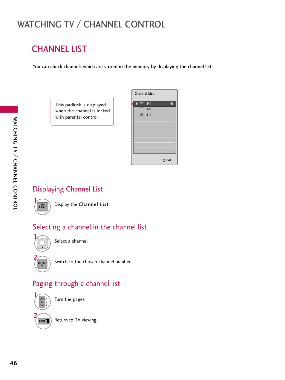 Channel list, Watching tv / channel control, Displaying channel list | Selecting a channel in the channel list, Paging through a channel list | LG 50PK550C User Manual | Page 46 / 120