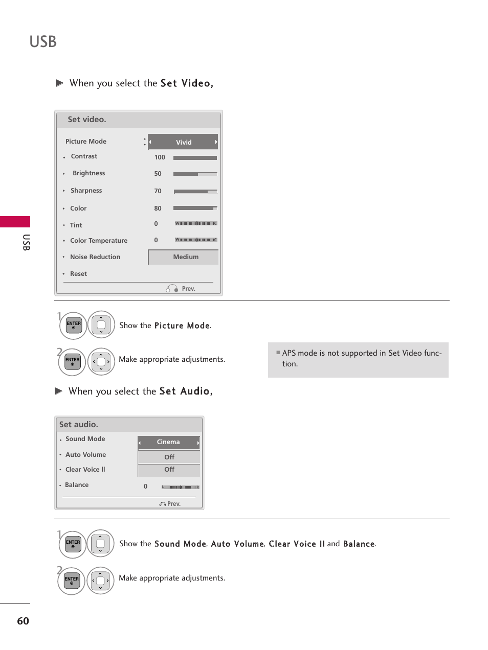 When you select the s seett v viid deeo o, When you select the s seett a au ud diio o | LG 50PK550C User Manual | Page 60 / 120