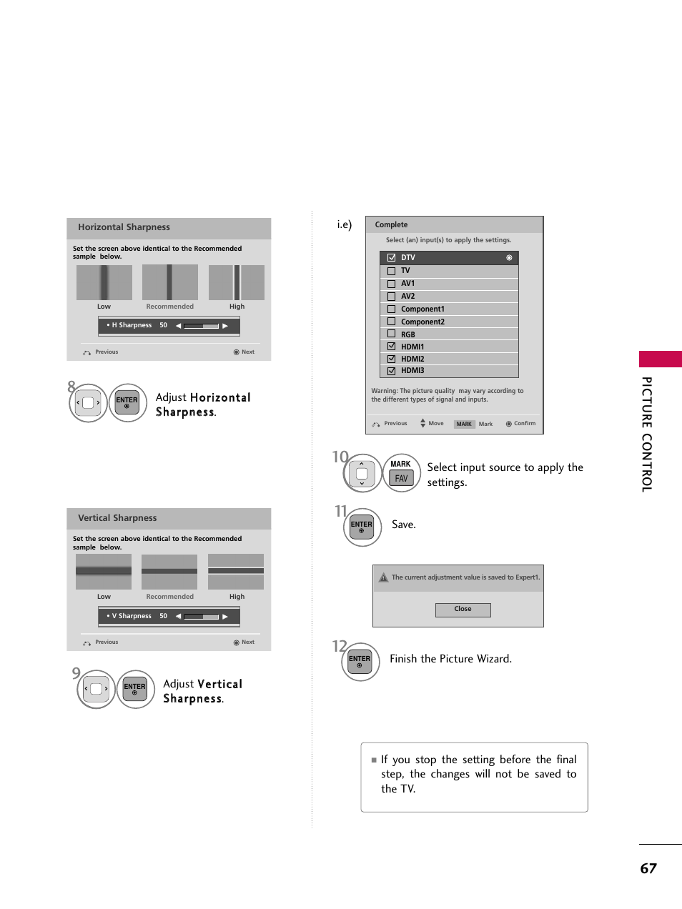 Picture contr ol, Select input source to apply the settings, Finish the picture wizard | Save, I.e) | LG 50PK550C User Manual | Page 67 / 120