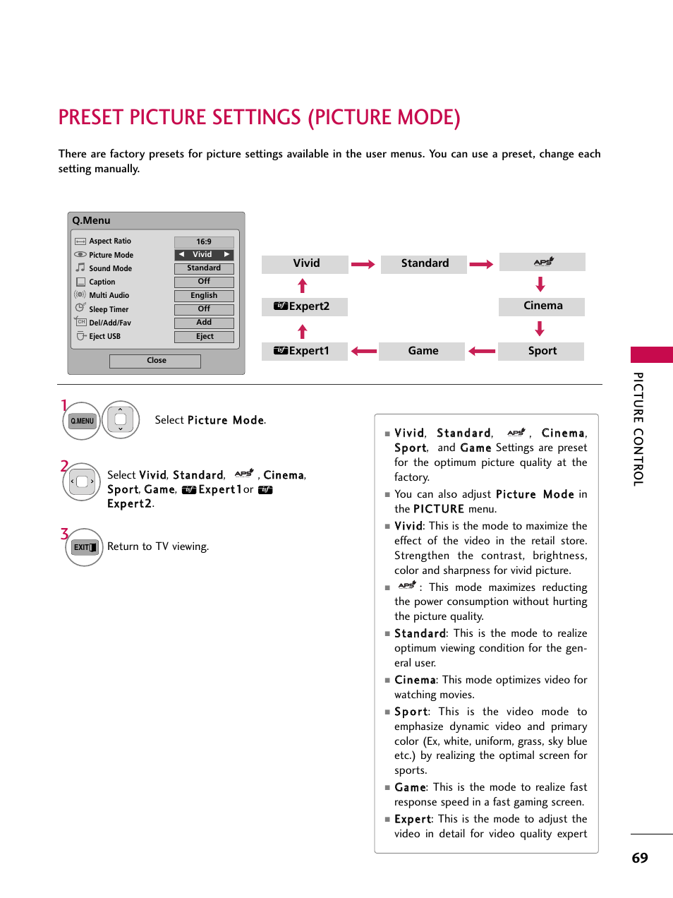 Preset picture settings (picture mode), Picture contr ol | LG 50PK550C User Manual | Page 69 / 120