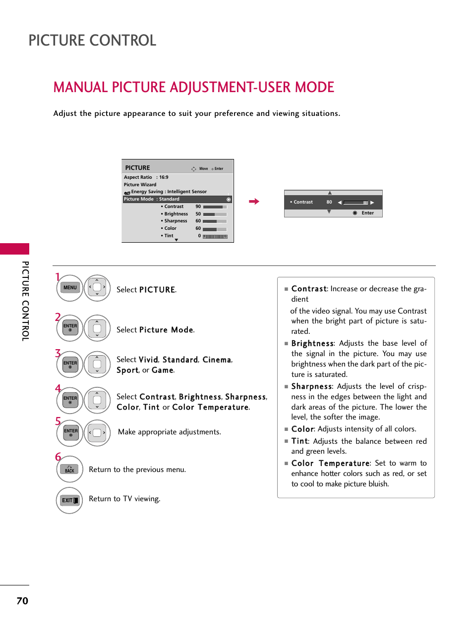 Manual picture adjustment-user mode, Picture control, Picture contr ol | LG 50PK550C User Manual | Page 70 / 120