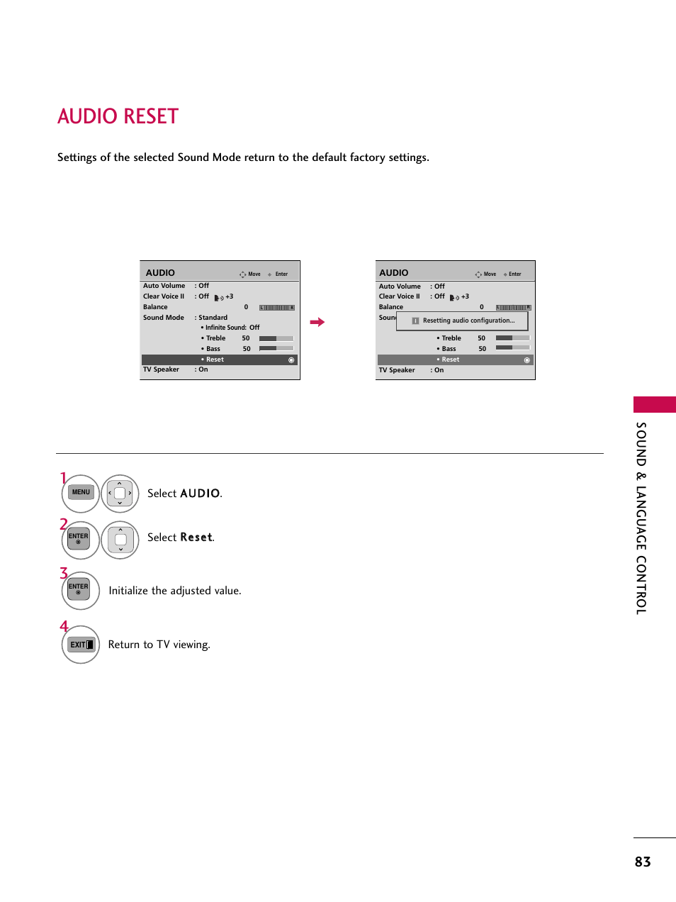 Audio reset, Sound & langu a ge contr ol, Initialize the adjusted value | Return to tv viewing | LG 50PK550C User Manual | Page 83 / 120