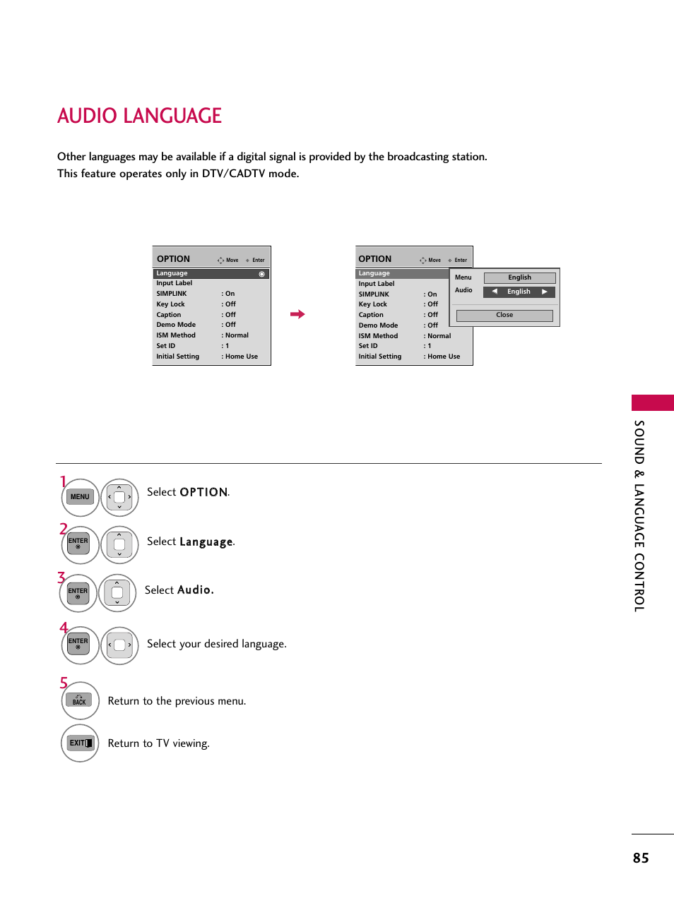 Audio language, Sound & langu a ge contr ol | LG 50PK550C User Manual | Page 85 / 120