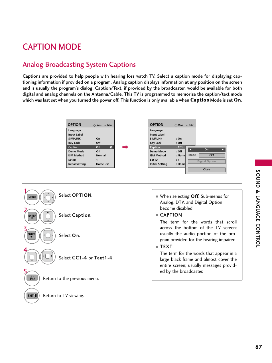 Caption mode, Analog broadcasting system captions, Sound & langu a ge contr ol | LG 50PK550C User Manual | Page 87 / 120