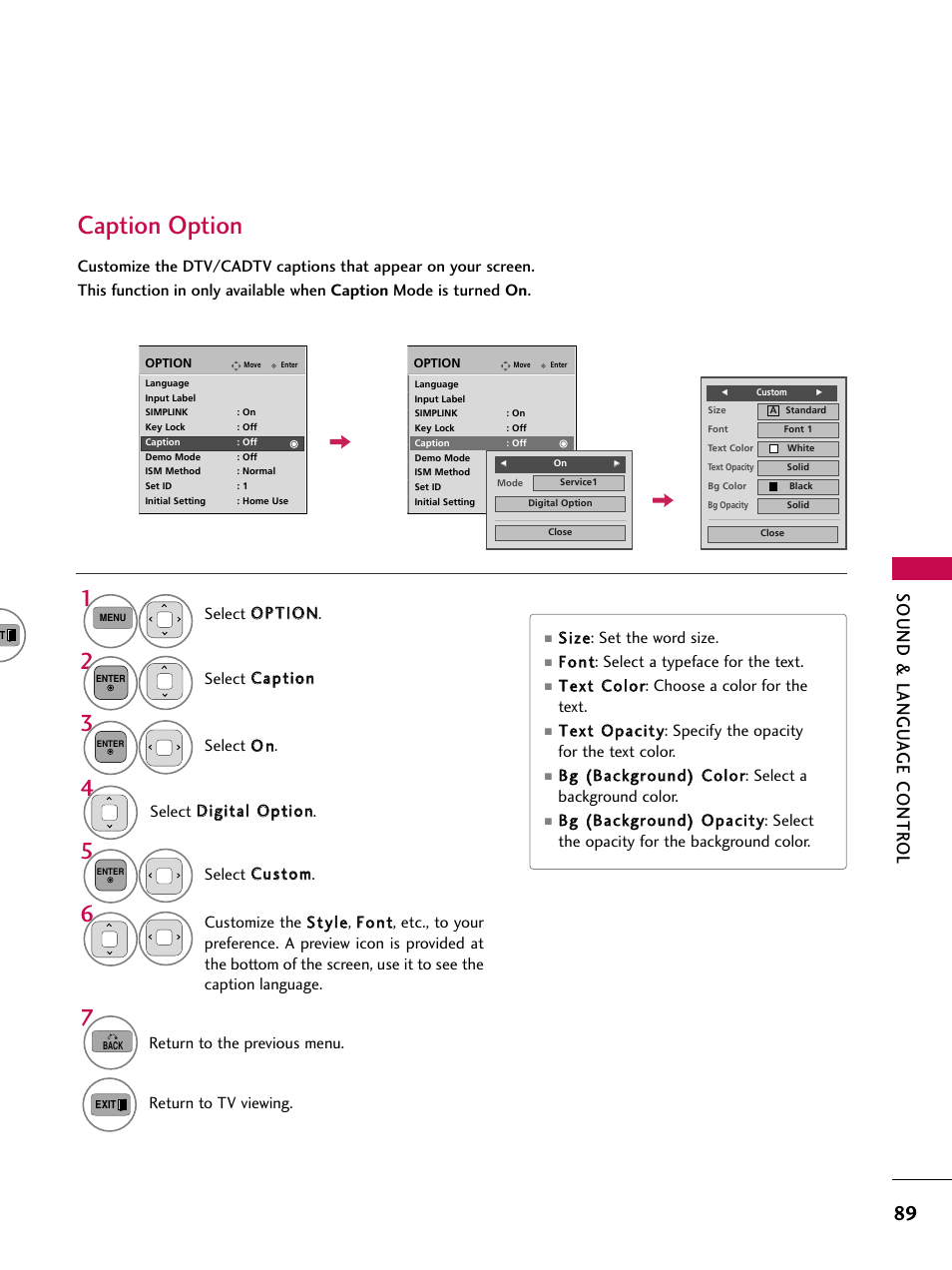 Caption option, Sound & langu a ge contr ol | LG 50PK550C User Manual | Page 89 / 120