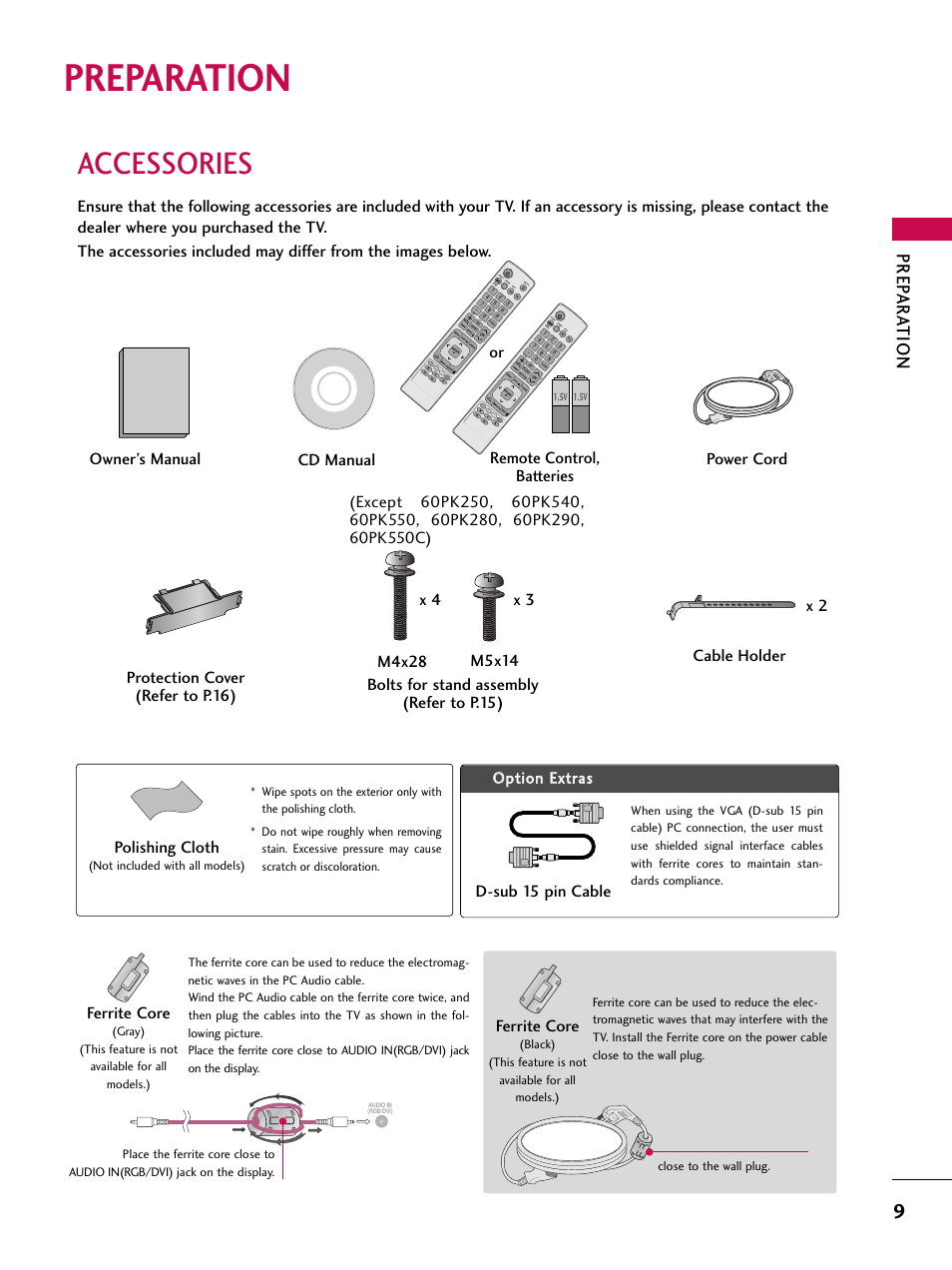 Preparation, Accessories, Prep ar a t ion | Polishing cloth, D-sub 15 pin cable, Ferrite core, Ma rk fr ee ze, Pa g e, Not included with all models) | LG 50PK550C User Manual | Page 9 / 120