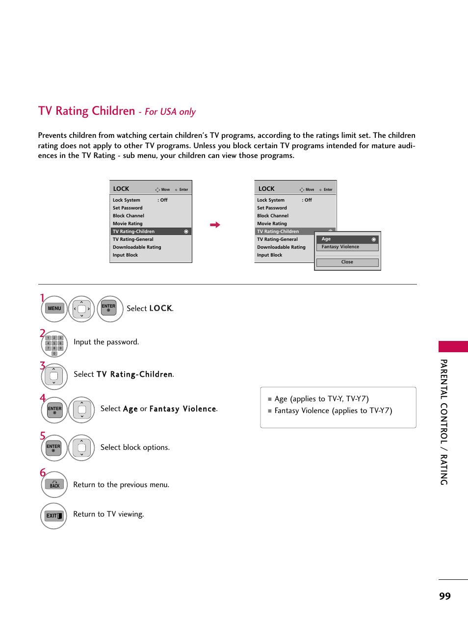 Tv rating children, For usa only, Parent al contr ol / r a ting | LG 50PK550C User Manual | Page 99 / 120