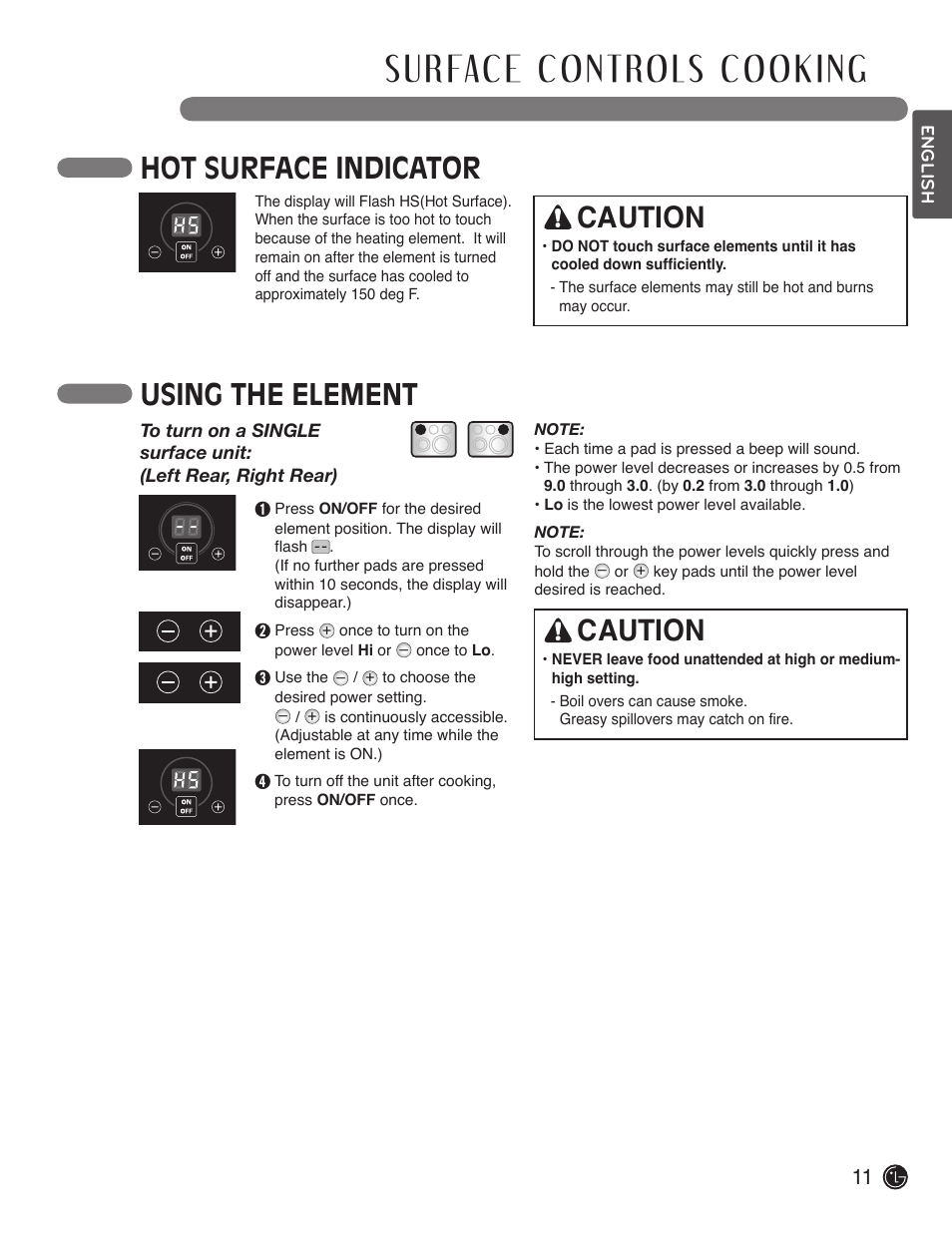 Hot surface indicator, Using the element, Caution | LG LDE3019ST User Manual | Page 11 / 55