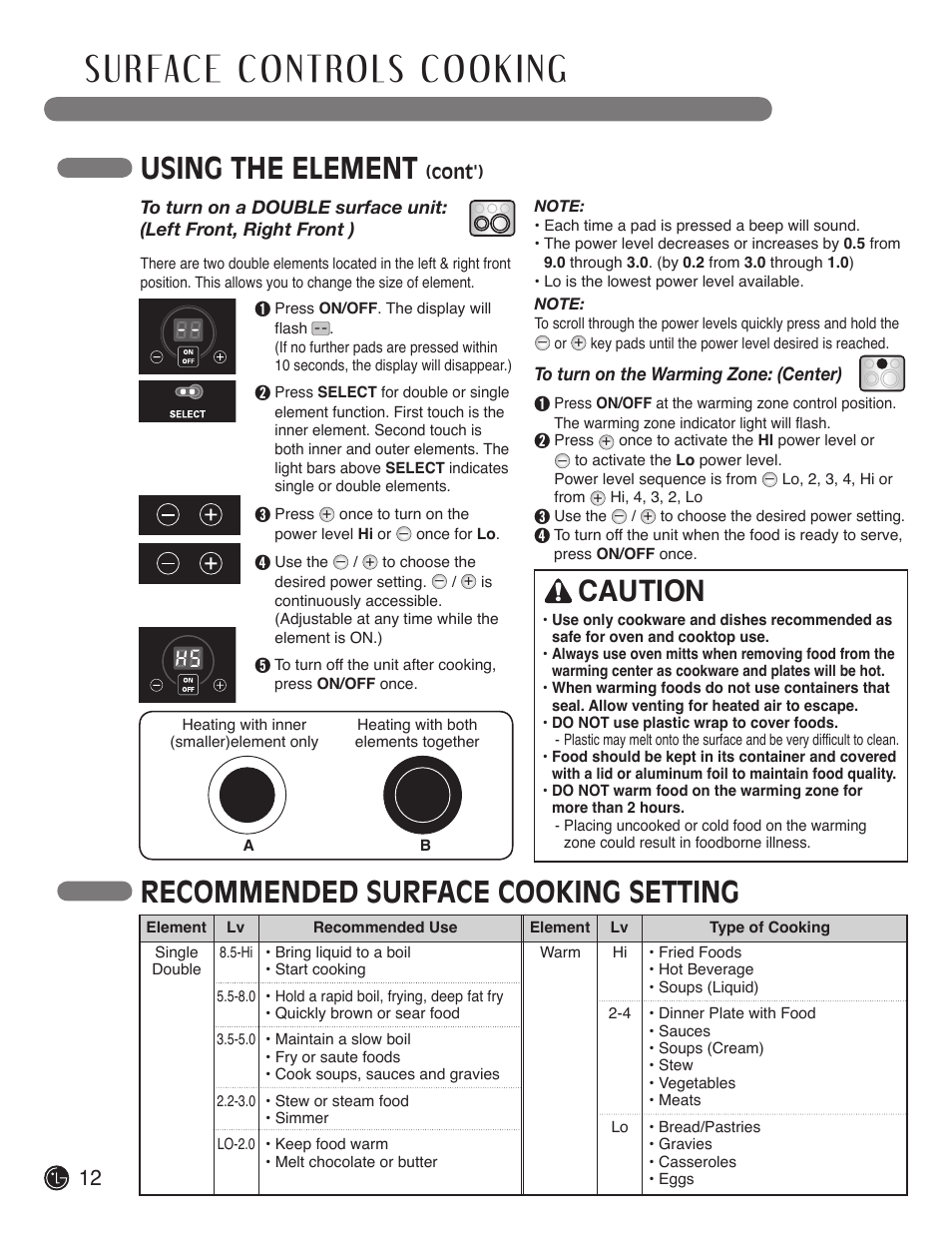 Using the element, Recommended surface cooking setting, Caution | LG LDE3019ST User Manual | Page 12 / 55