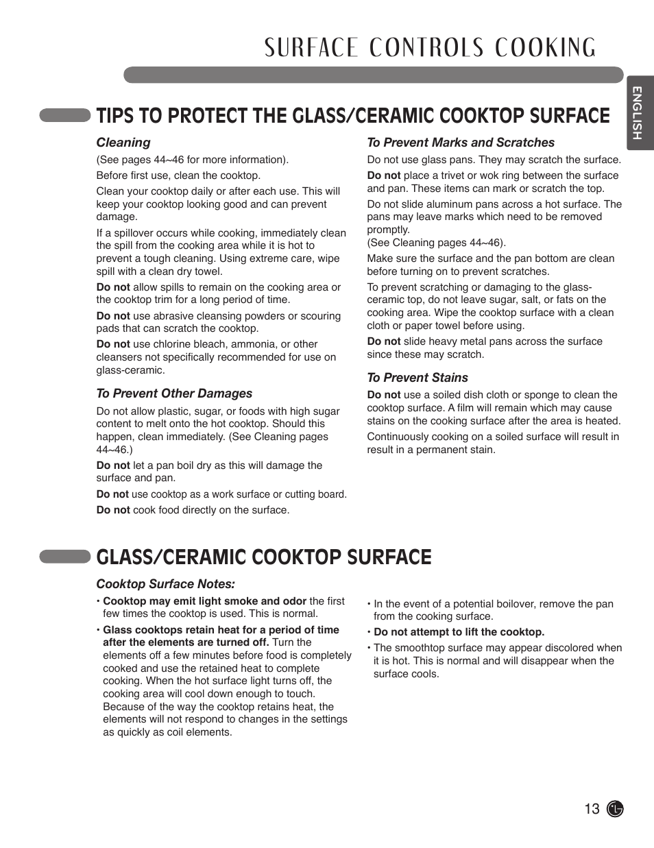 Tips to protect the glass/ceramic cooktop surface, Glass/ceramic cooktop surface | LG LDE3019ST User Manual | Page 13 / 55