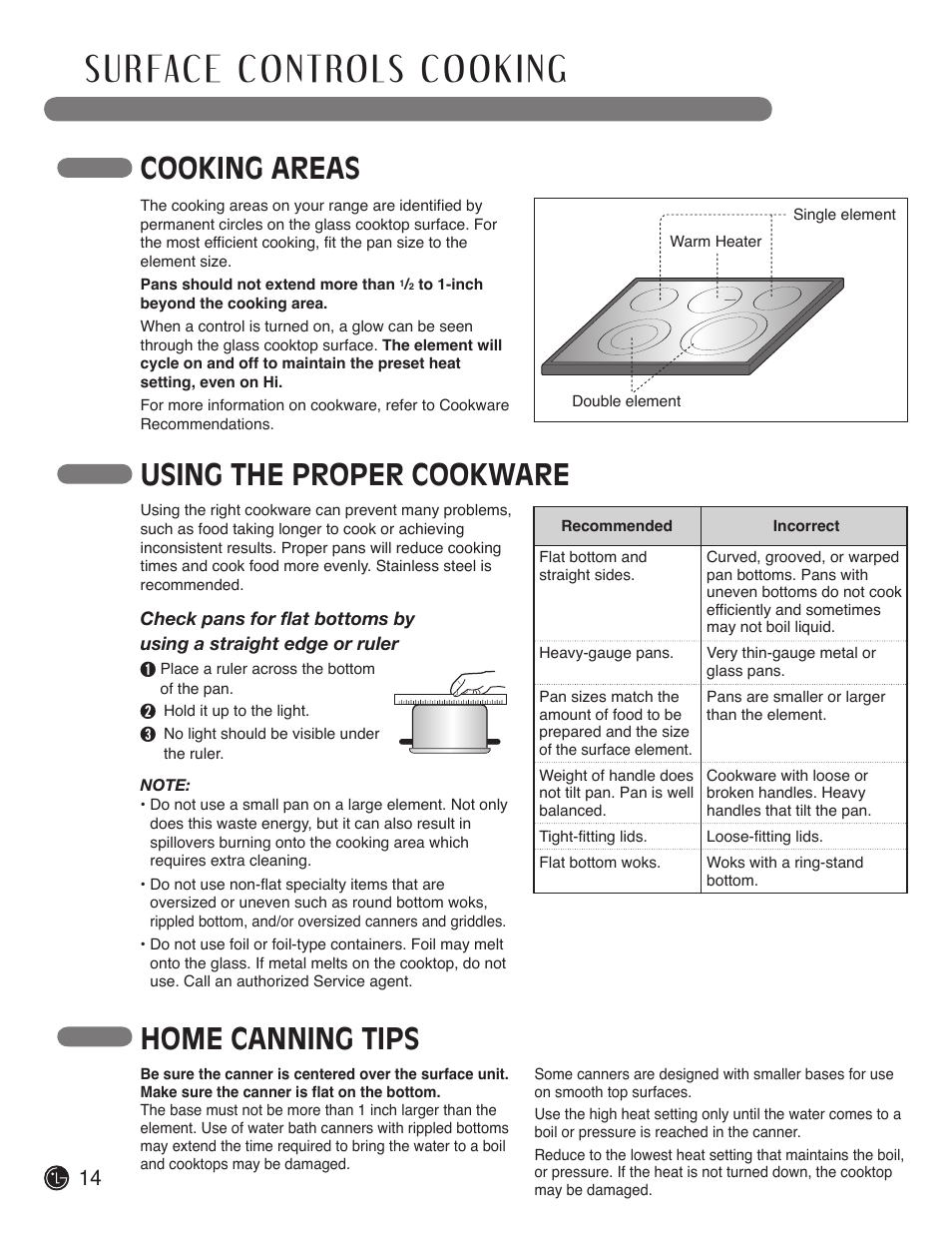 Cooking areas, Home canning tips, Using the proper cookware | LG LDE3019ST User Manual | Page 14 / 55