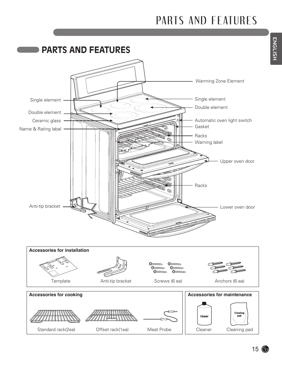 Parts and features | LG LDE3019ST User Manual | Page 15 / 55