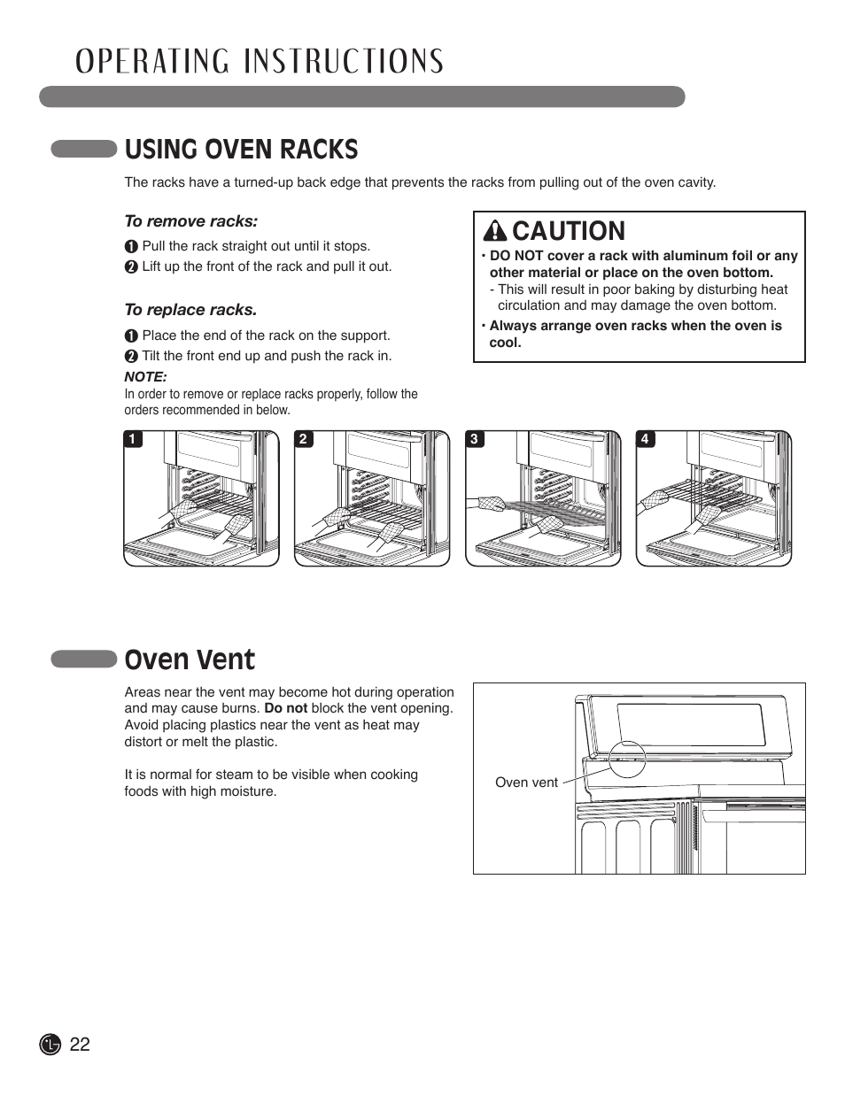 Using oven racks, Oven vent, Caution | LG LDE3019ST User Manual | Page 22 / 55