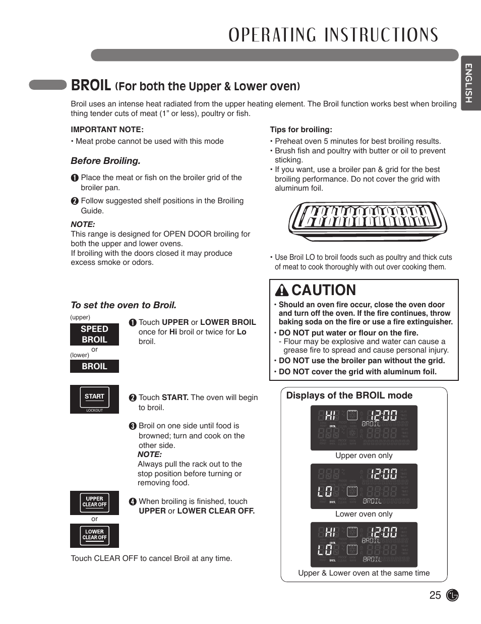 Broil, Caution, For both the upper & lower oven) | LG LDE3019ST User Manual | Page 25 / 55