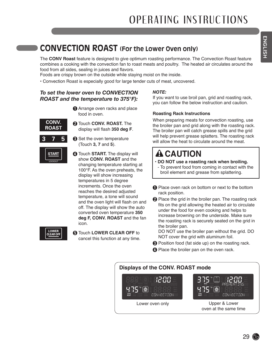 Convection roast, Caution, For the lower oven only) | LG LDE3019ST User Manual | Page 29 / 55