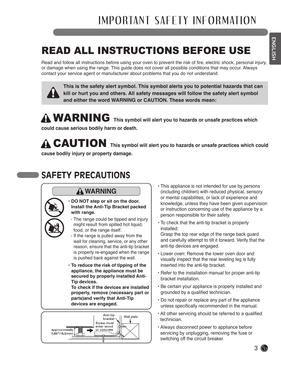 Warning, Caution, Read all instructions before use | Safety precautions | LG LDE3019ST User Manual | Page 3 / 55