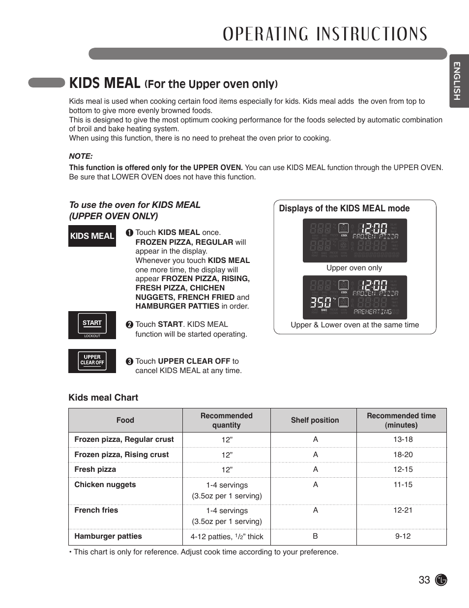 Kids meal, For the upper oven only) | LG LDE3019ST User Manual | Page 33 / 55