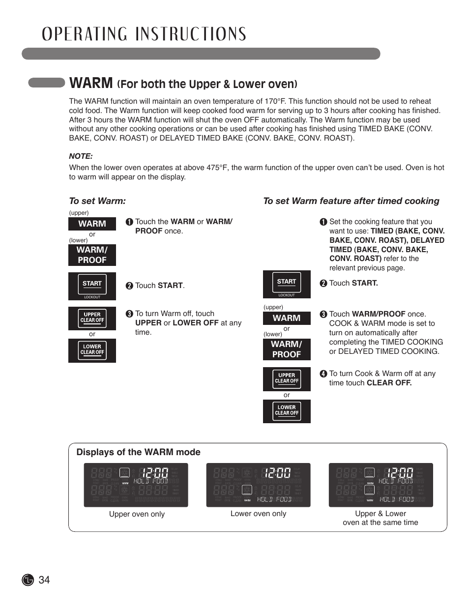 Warm, For both the upper & lower oven) | LG LDE3019ST User Manual | Page 34 / 55