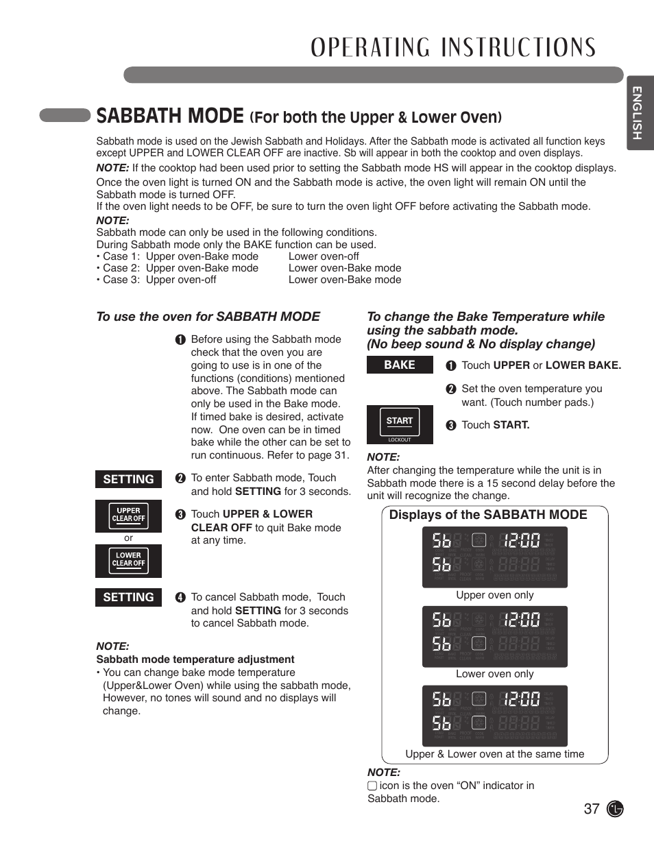 Sabbath mode, For both the upper & lower oven) | LG LDE3019ST User Manual | Page 37 / 55