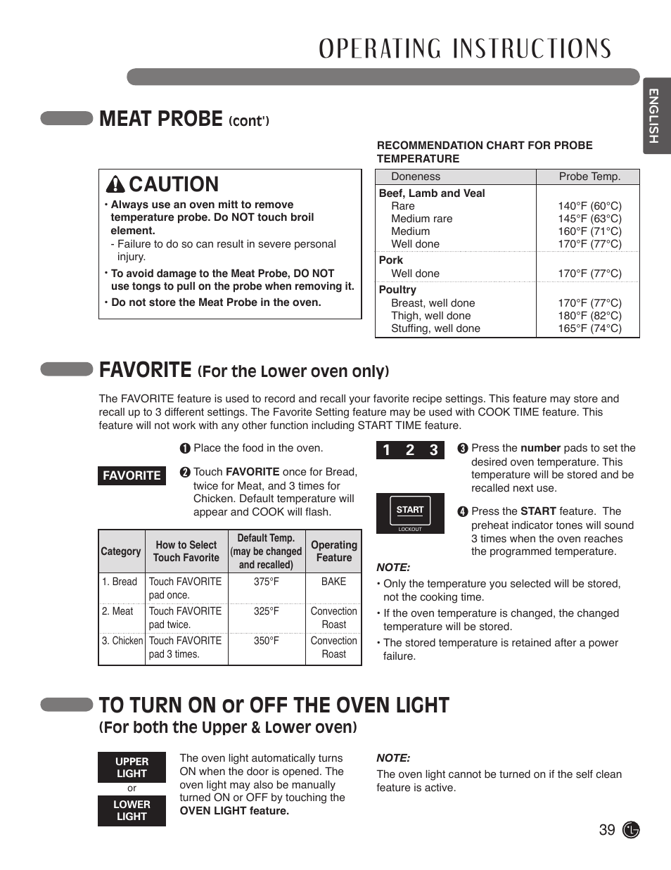 Meat probe, Favorite, Caution | For the lower oven only), For both the upper & lower oven) | LG LDE3019ST User Manual | Page 39 / 55
