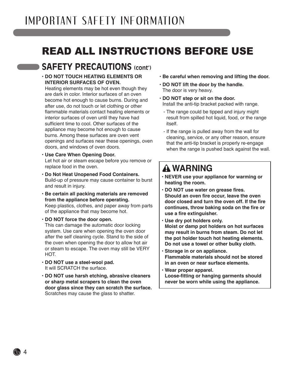 Read all instructions before use, Safety precautions, Warning | LG LDE3019ST User Manual | Page 4 / 55