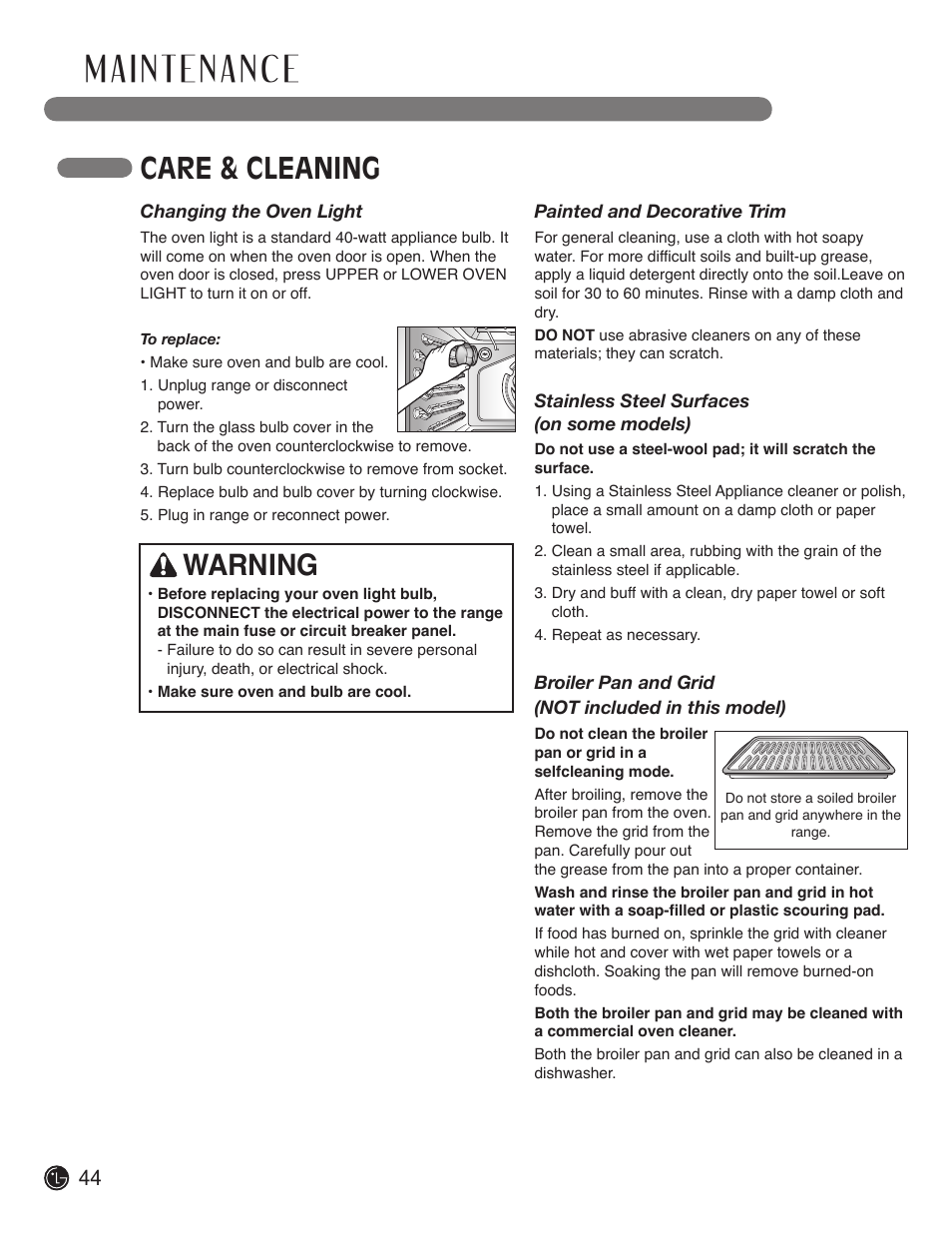 Care & cleaning, Warning | LG LDE3019ST User Manual | Page 44 / 55