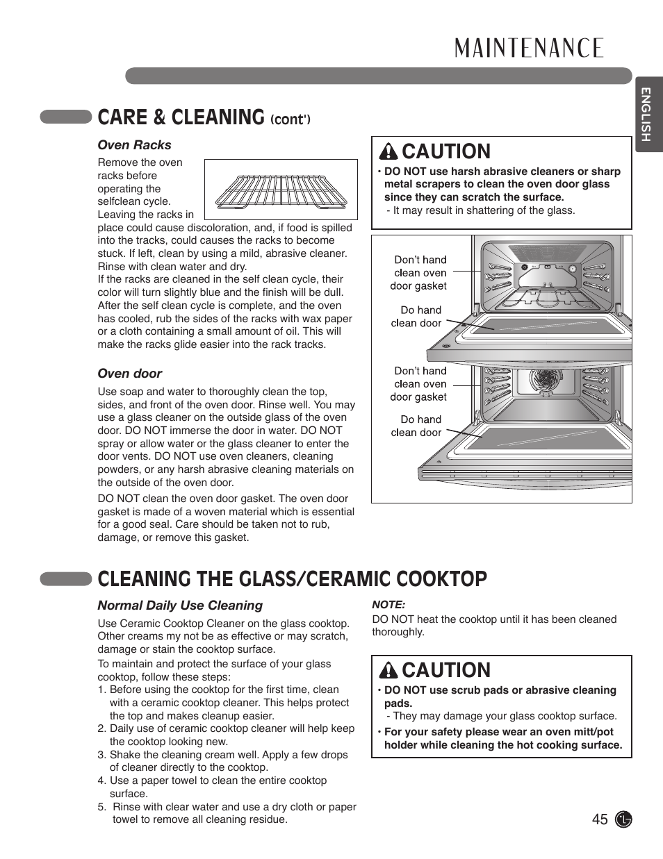 Care & cleaning, Caution, Cleaning the glass/ceramic cooktop | LG LDE3019ST User Manual | Page 45 / 55