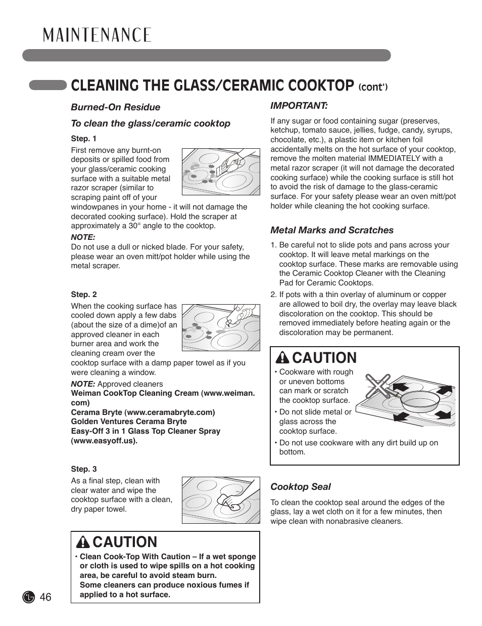 Cleaning the glass/ceramic cooktop, Caution | LG LDE3019ST User Manual | Page 46 / 55
