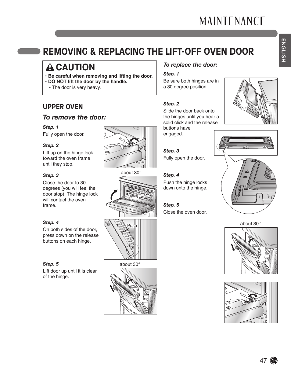Removing & replacing the lift-off oven door, Caution, Upper oven to remove the door | LG LDE3019ST User Manual | Page 47 / 55