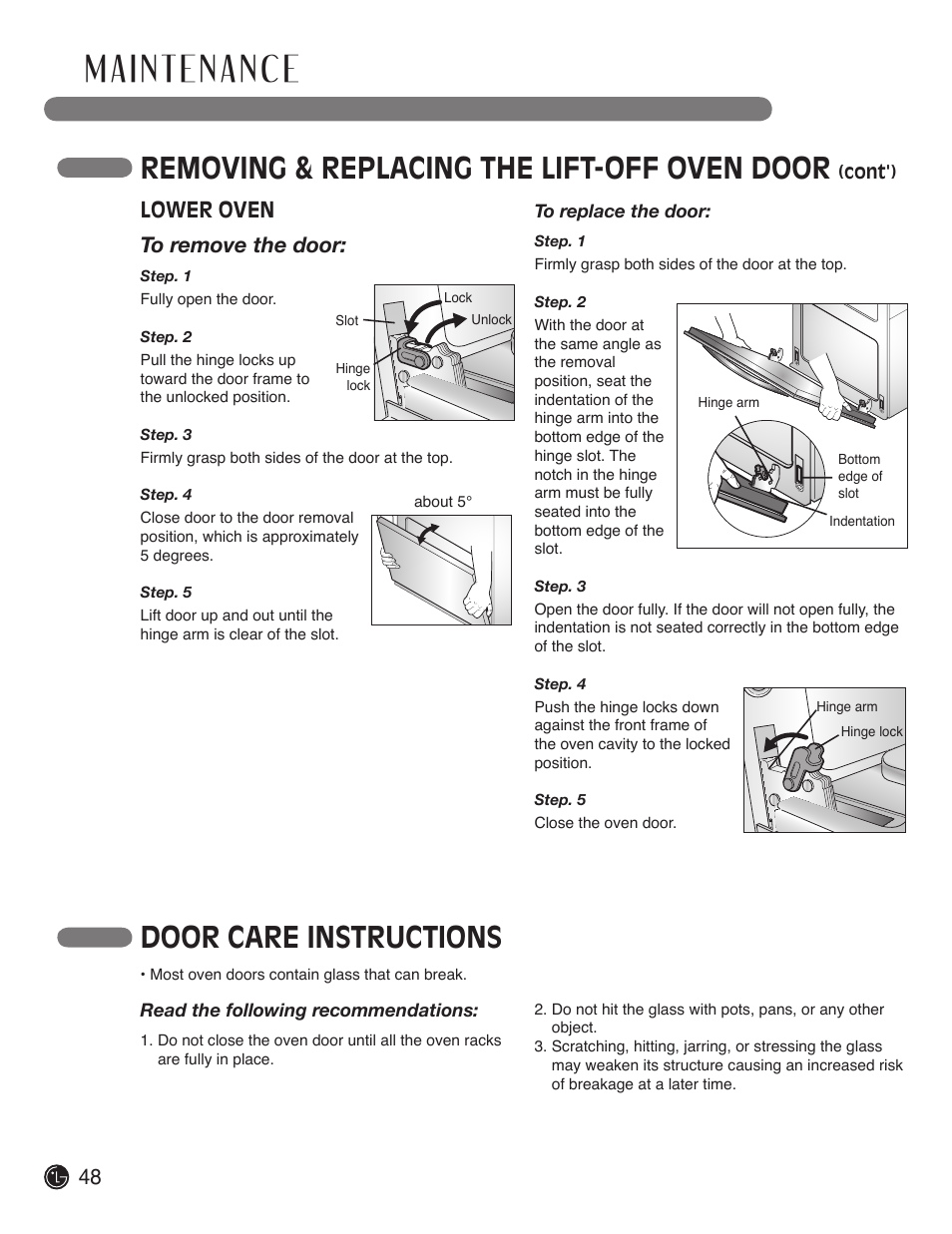 Removing & replacing the lift-off oven door, Door care instructions, 48 lower oven to remove the door | LG LDE3019ST User Manual | Page 48 / 55