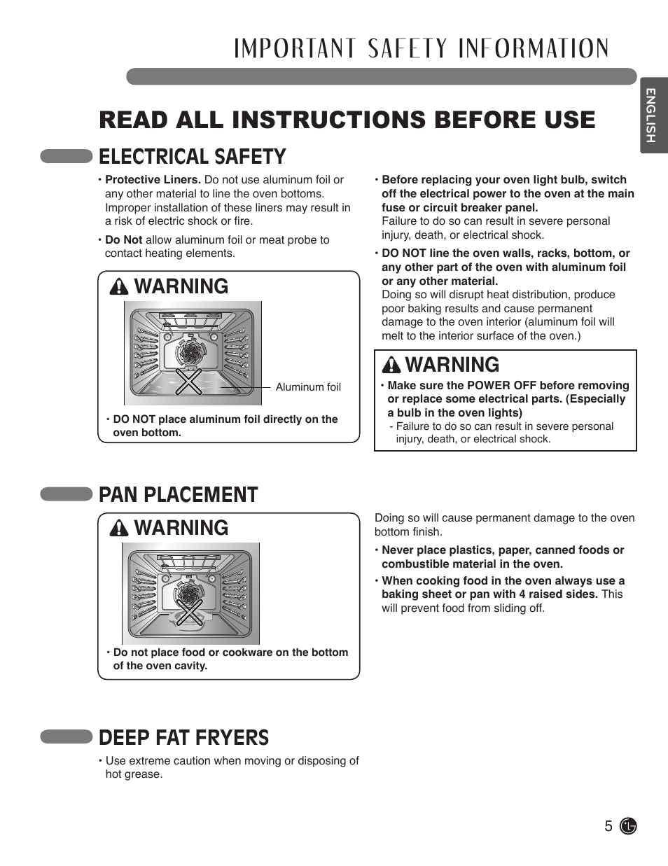 Read all instructions before use, Electrical safety, Pan placement | Warning, Deep fat fryers | LG LDE3019ST User Manual | Page 5 / 55