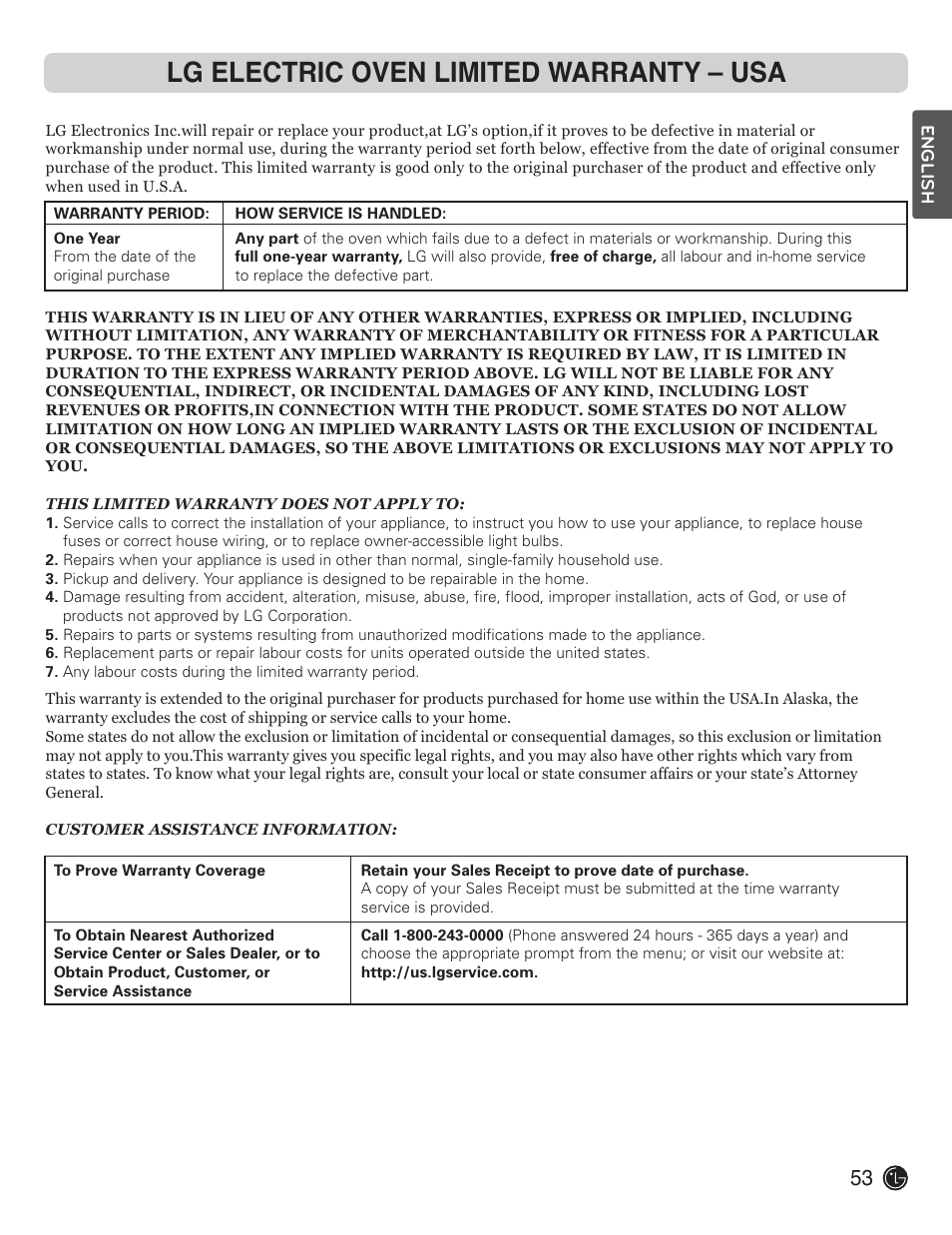 Lg electric oven limited warranty – usa | LG LDE3019ST User Manual | Page 53 / 55