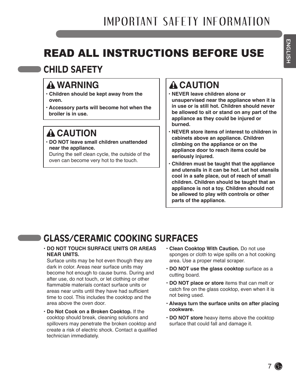 Read all instructions before use, Child safety glass/ceramic cooking surfaces, Warning | Caution | LG LDE3019ST User Manual | Page 7 / 55