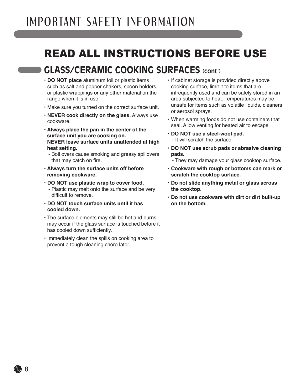 Read all instructions before use, Glass/ceramic cooking surfaces | LG LDE3019ST User Manual | Page 8 / 55