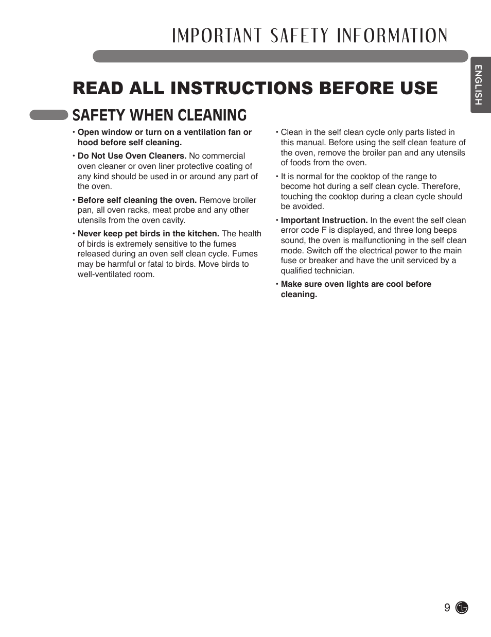 Read all instructions before use, Safety when cleaning | LG LDE3019ST User Manual | Page 9 / 55