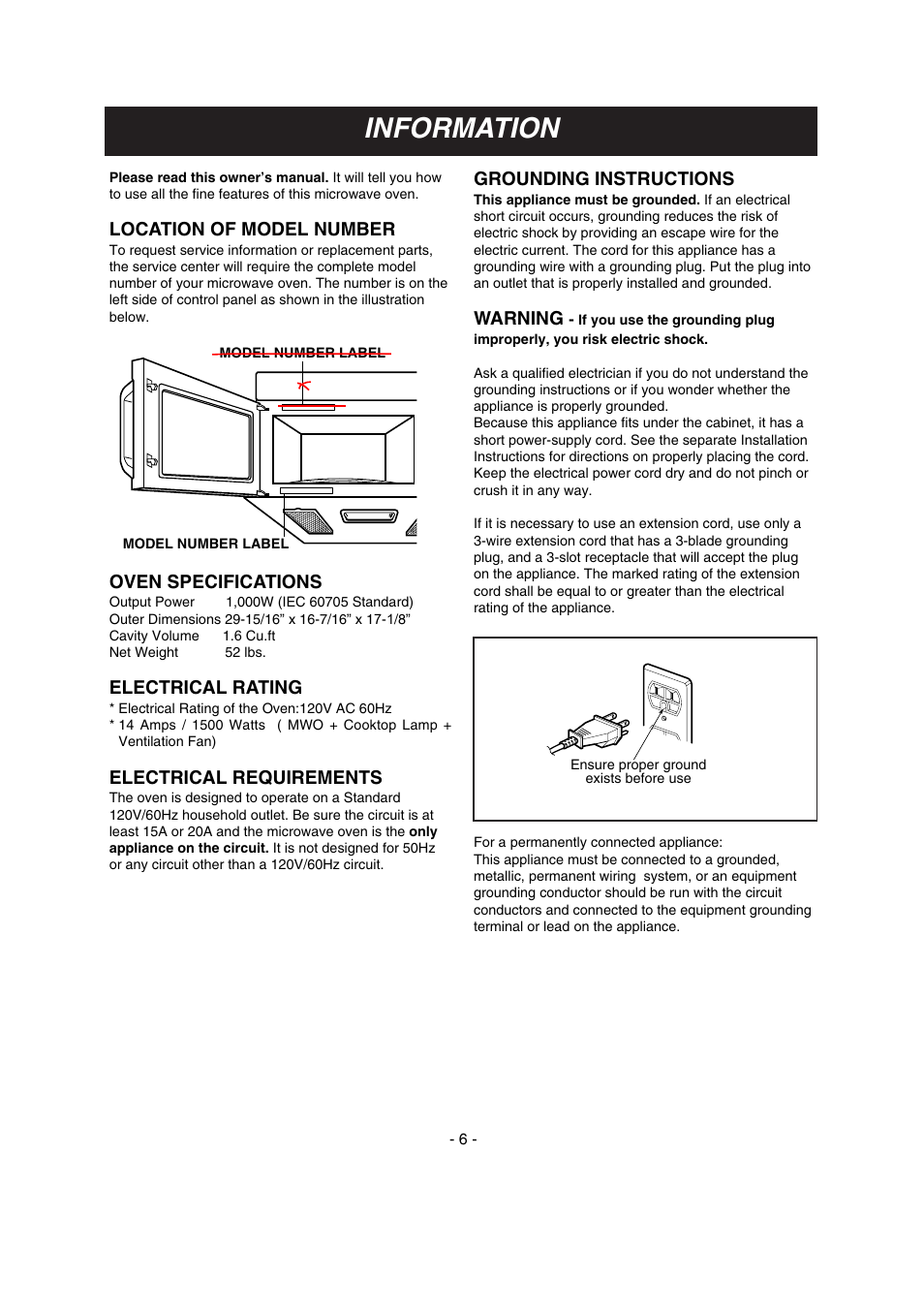 Information, Location of model number, Oven specifications | Electrical rating, Electrical requirements, Grounding instructions, Warning | LG LMV1630ST User Manual | Page 6 / 30