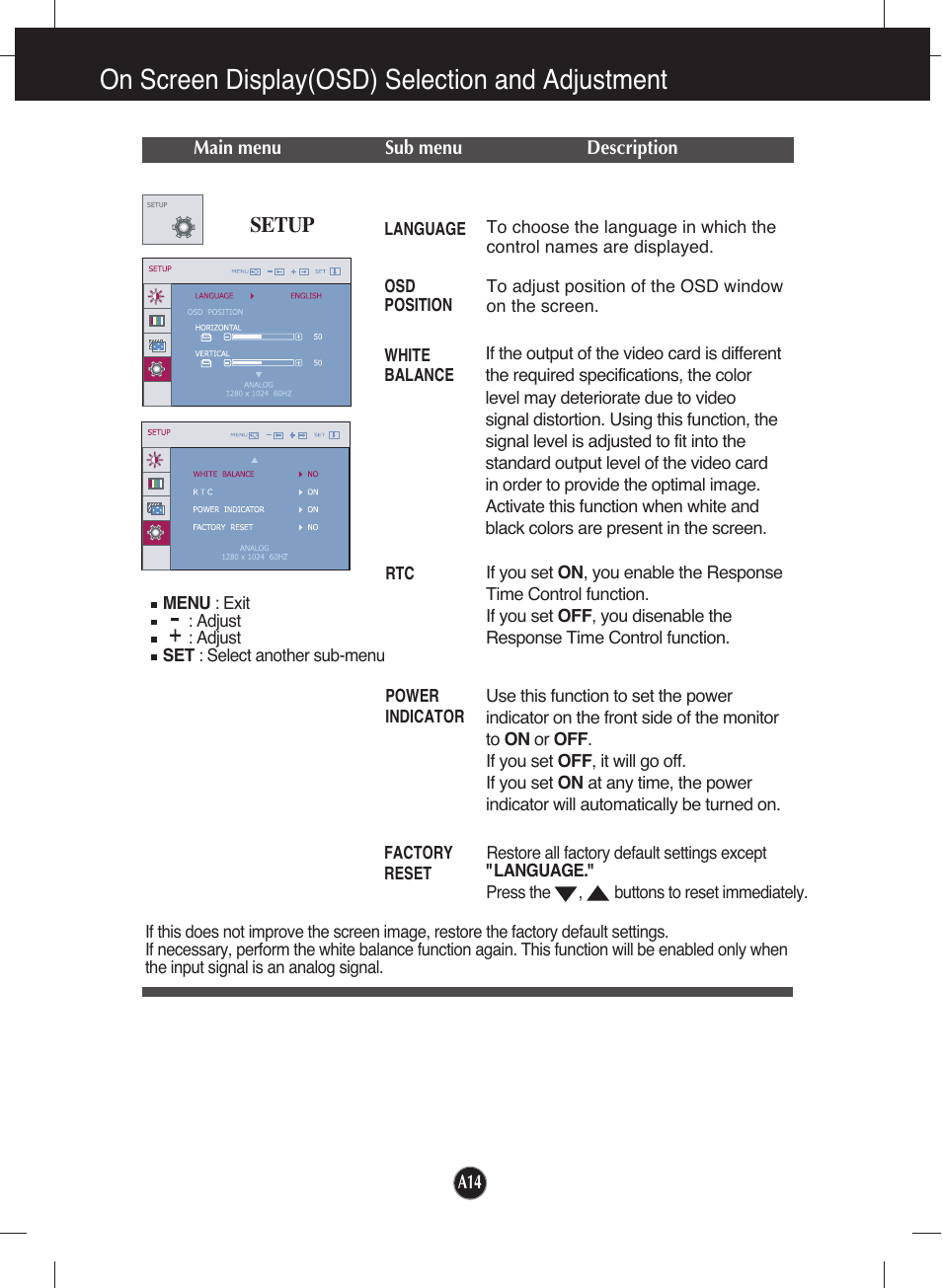 Setup, On screen display(osd) selection and adjustment | LG W2252TQ-TF User Manual | Page 15 / 25
