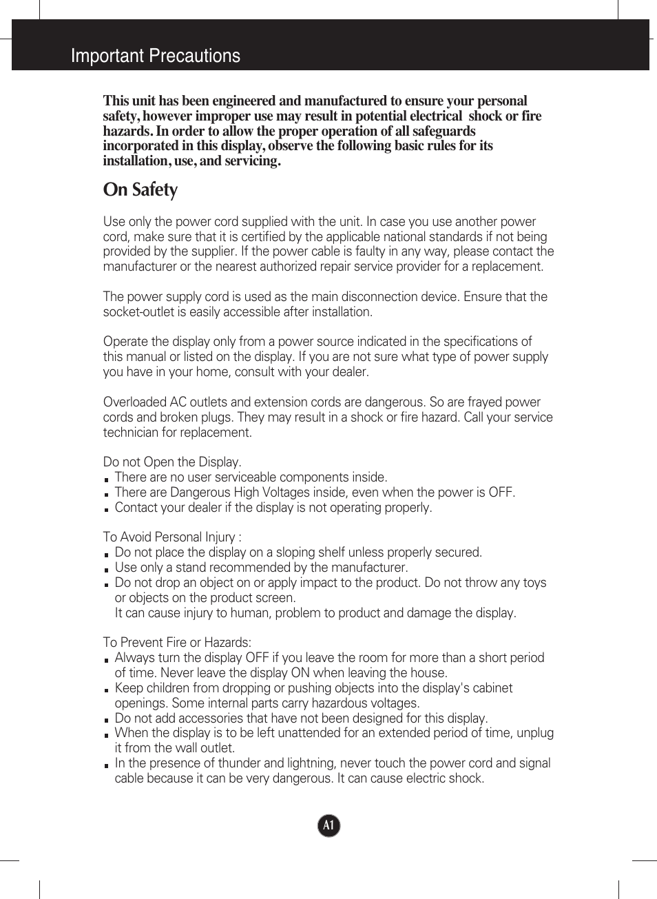 Important precautions, On safety | LG W2252TQ-TF User Manual | Page 2 / 25
