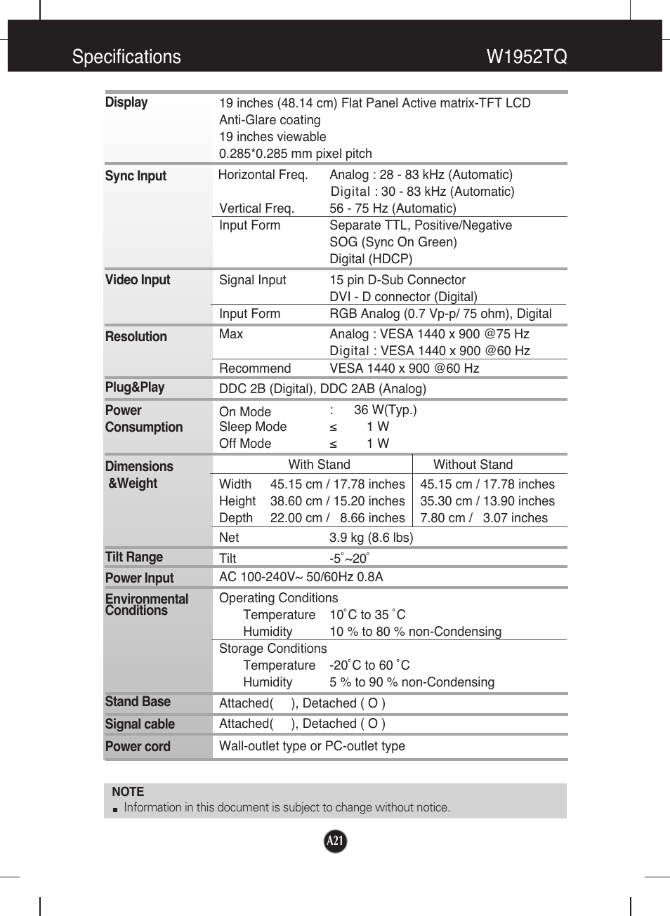 Specifications, W1952tq, Specifications w1952tq | LG W2252TQ-TF User Manual | Page 22 / 25