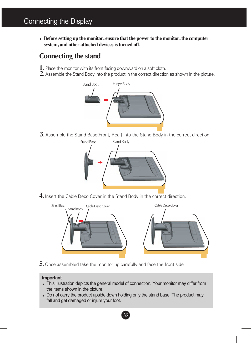 Connecting the display, Connecting the stand | LG W2252TQ-TF User Manual | Page 4 / 25