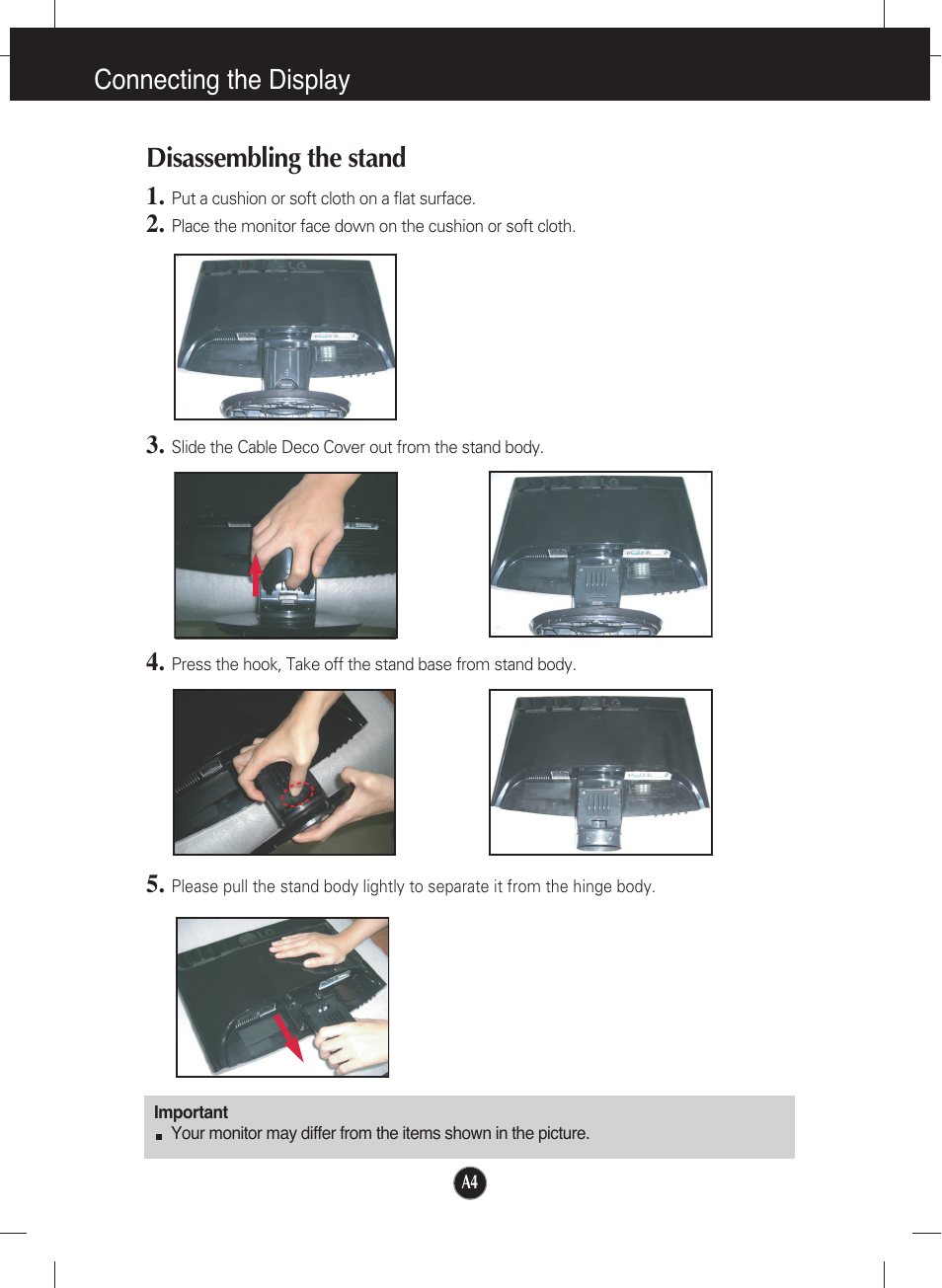 Disassembling the stand, Connecting the display disassembling the stand | LG W2252TQ-TF User Manual | Page 5 / 25