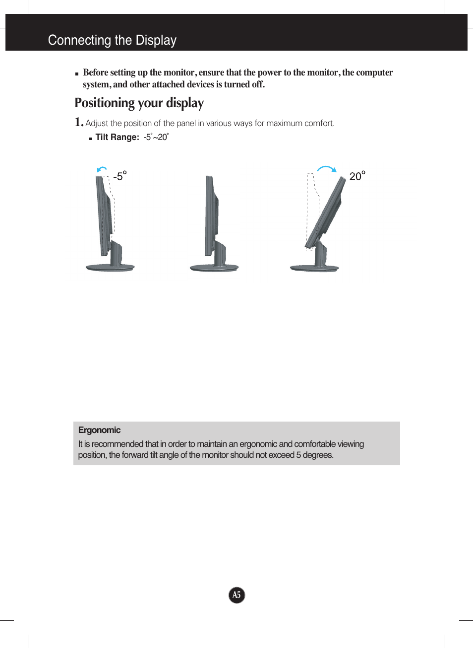 Positioning your display, Connecting the display | LG W2252TQ-TF User Manual | Page 6 / 25