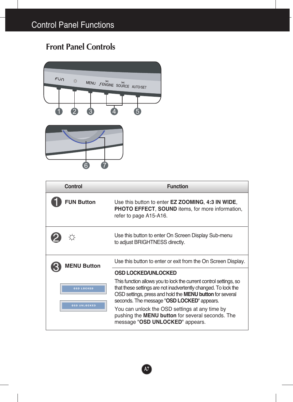 Control panel functions, Front panel controls | LG W2252TQ-TF User Manual | Page 8 / 25
