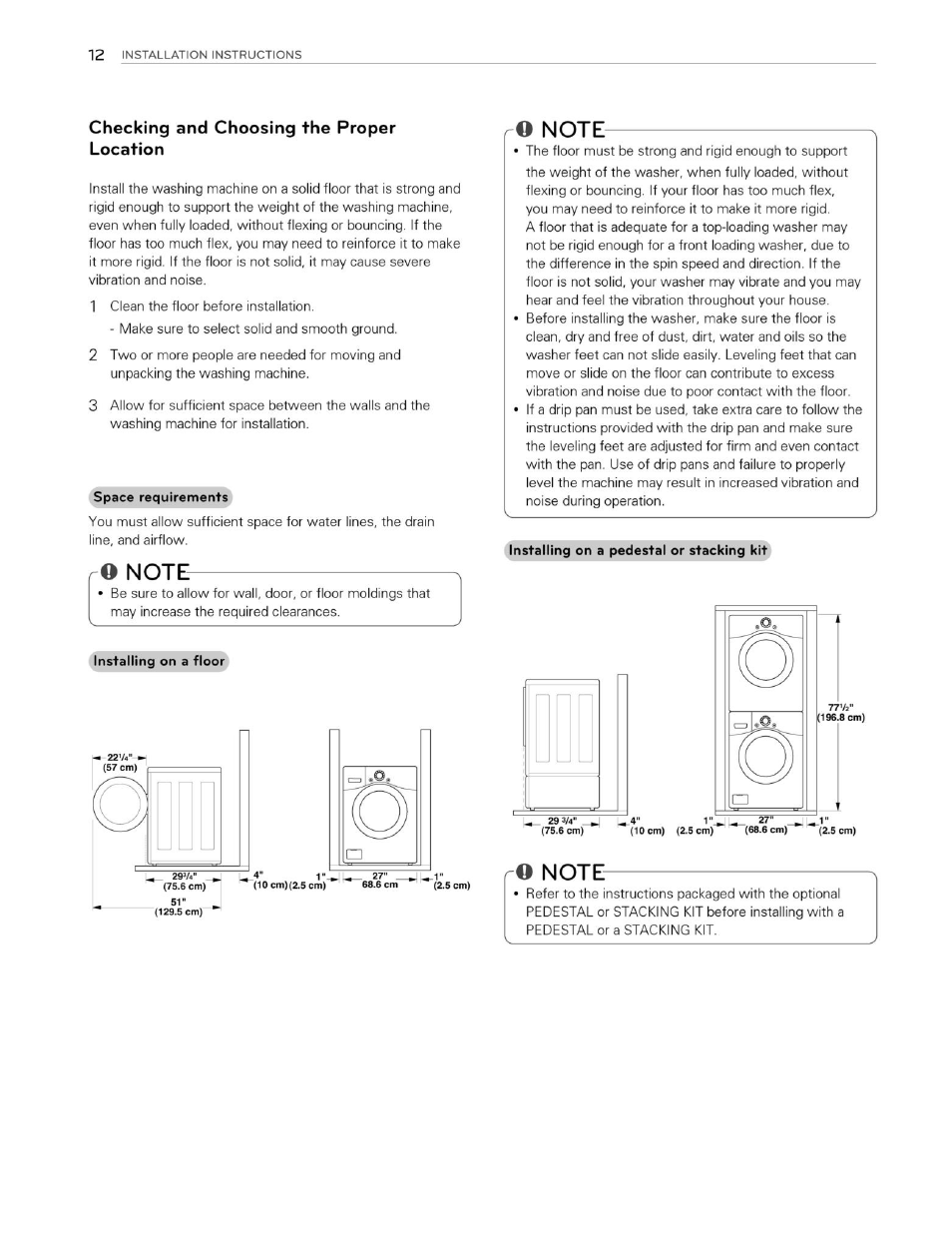 Checking and choosing the proper location, O note | LG WM3250HVA User Manual | Page 13 / 81