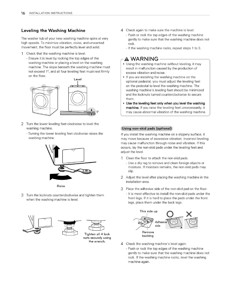 Leveling the washing machine, R a warning, Warning | LG WM3250HVA User Manual | Page 17 / 81